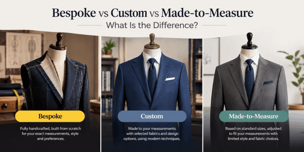 Bespoke vs custom vs made-to-measure suits compared by tailoring process, fit, and customization options.