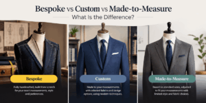 Bespoke vs custom vs made-to-measure suits compared by tailoring process, fit, and customization options.
